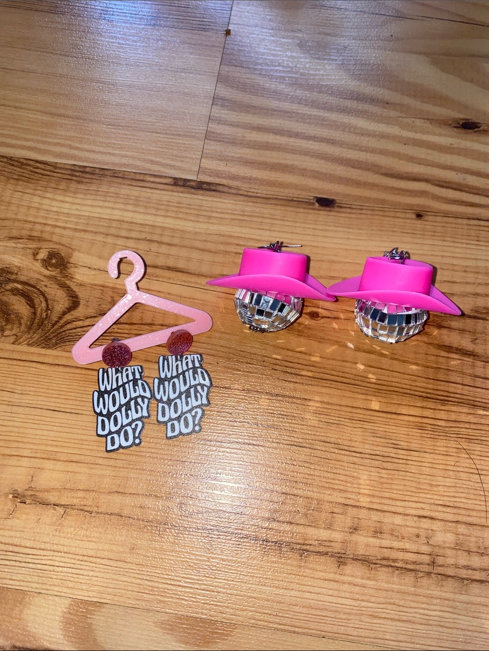 Pink Disco Hat Earrings with Mirror Ball Accents & What Would Dolly Do?